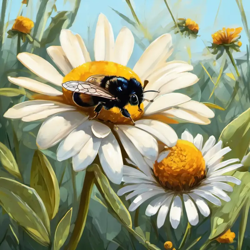 Eine abschließende Illustration von Eine Biene mit leuchtend gelben und schwarzen Streifen und Eine kleine Maus, braun mit großen schwarzen Augen, die fröhlich auf Blumen sitzen und lächeln.