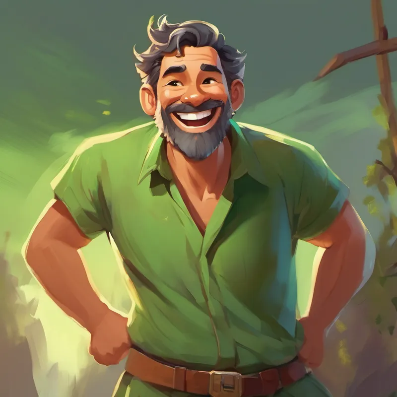 Brave father wearing green shirt, with a big smile with a big smile on his face