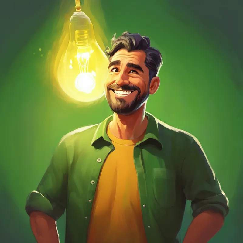 Brave father wearing green shirt, with a big smile thinking hard with a light bulb above his head
