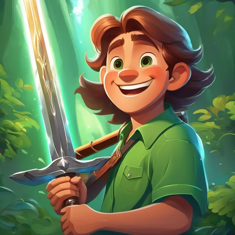 Brave father wearing green shirt, with a big smile holding a shiny magic sword