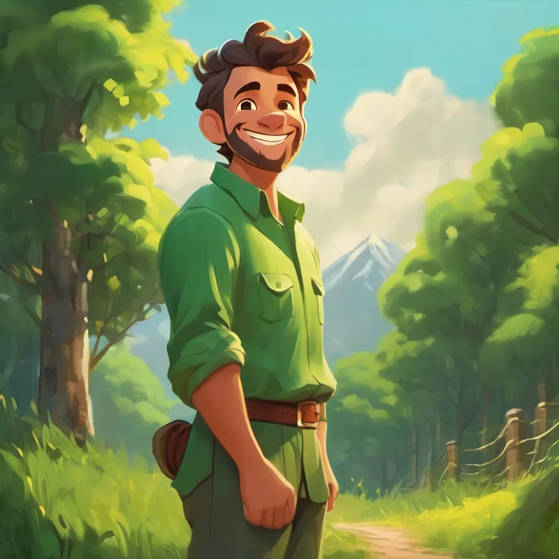 Brave father wearing green shirt, with a big smile standing tall and proud