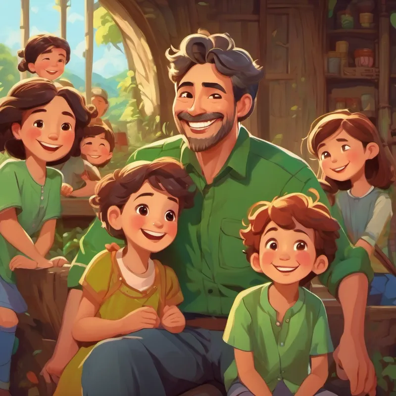 Brave father wearing green shirt, with a big smile surrounded by his happy family