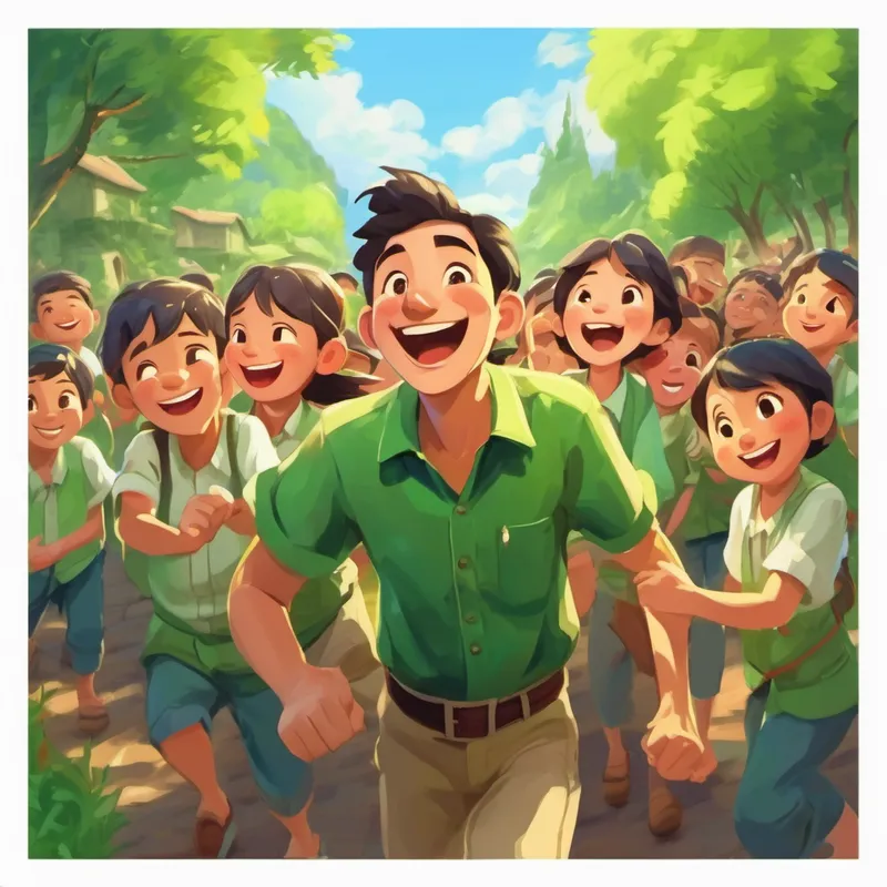 Happy villagers celebrating with Brave father wearing green shirt, with a big smile