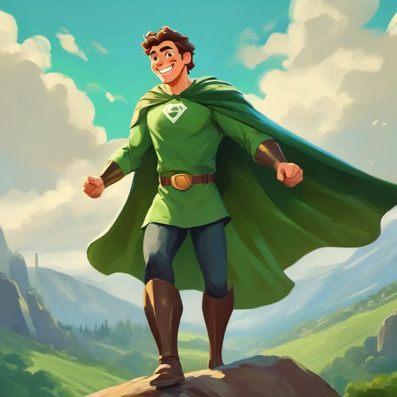 Brave father wearing green shirt, with a big smile with a cape, like a superhero