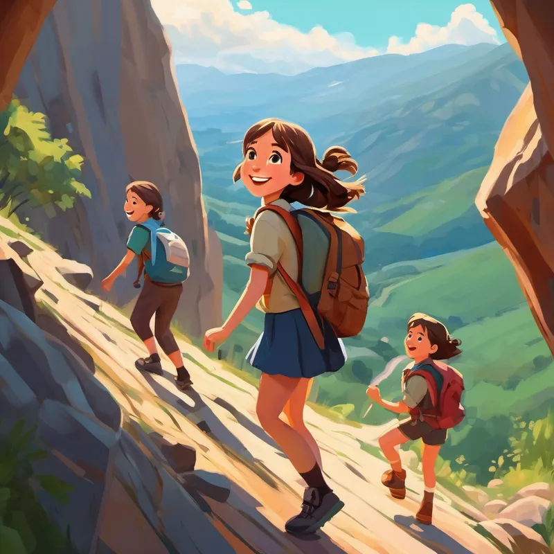 Curious girl with brown hair and a big smile climbing a mountain with her teacher and friends