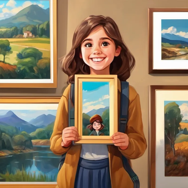 Curious girl with brown hair and a big smile with her award-winning painting at an art gallery
