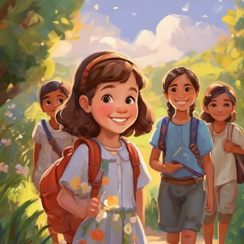 Curious girl with brown hair and a big smile with her penpal friends from different countries