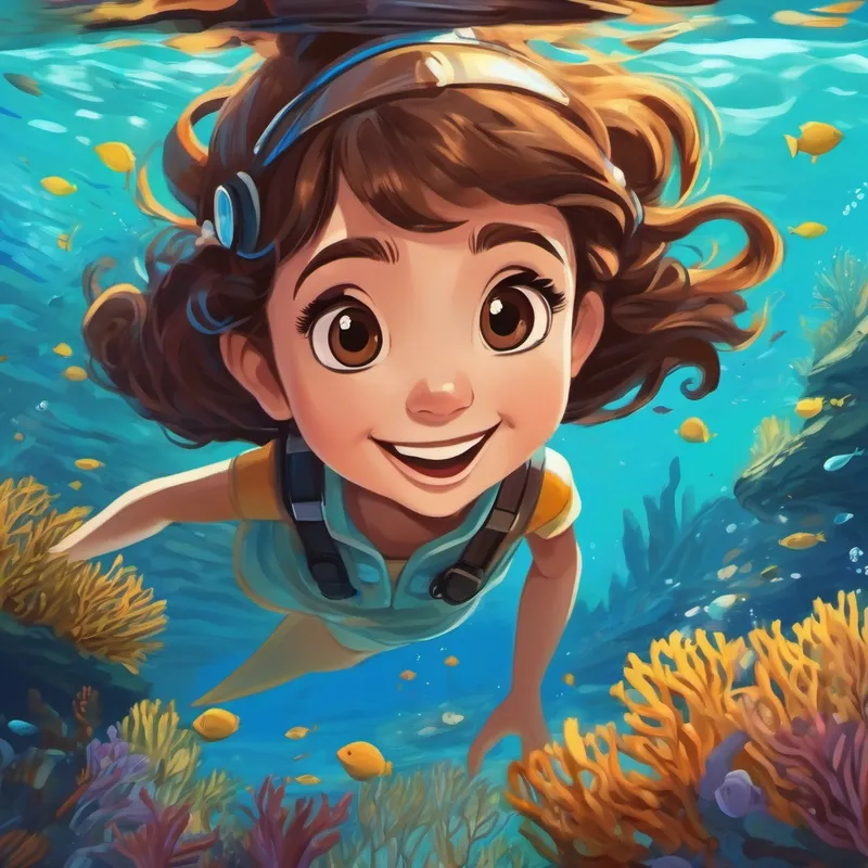 Curious girl with brown hair and a big smile underwater, exploring the ocean with the scientist