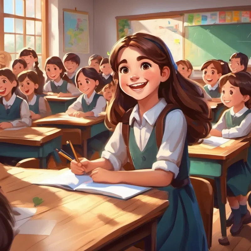 Curious girl with brown hair and a big smile teaching in a classroom with happy students