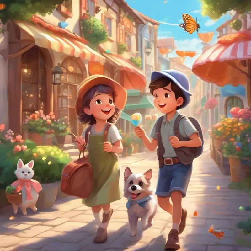 Introduces Young man with a big smile, wears a comfy adventure hat, Cheerful wife with rosy cheeks, always knitting baby clothes, and Small dog with fluffy fur, loves to chase candy butterflies in their sweet town.