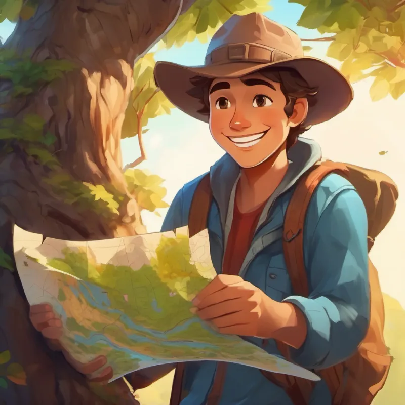 Young man with a big smile, wears a comfy adventure hat starts his quest; finds a map on a tree.