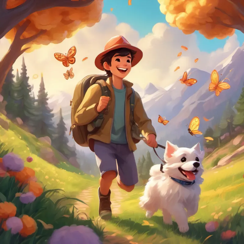Young man with a big smile, wears a comfy adventure hat and Small dog with fluffy fur, loves to chase candy butterflies start their journey to Cupcake Mountain.