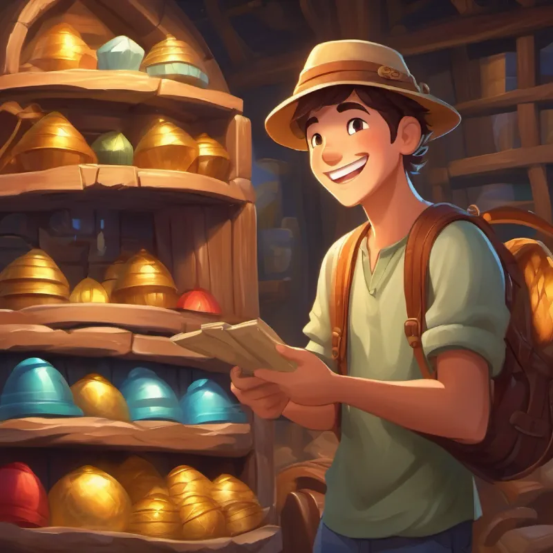 Young man with a big smile, wears a comfy adventure hat chooses only what he needs from the treasure.