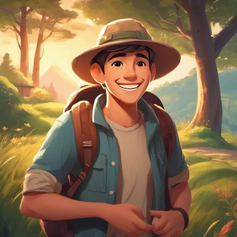 Young man with a big smile, wears a comfy adventure hat returns home, family joy, hint at future happiness.