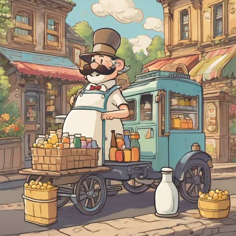 An old-fashioned milkman with a big mustache, colorful suspenders, and a mischievous grin, standing next to his milk cart overflowing with bottles of milk, cheese, butter, and cream in a picturesque town setting.