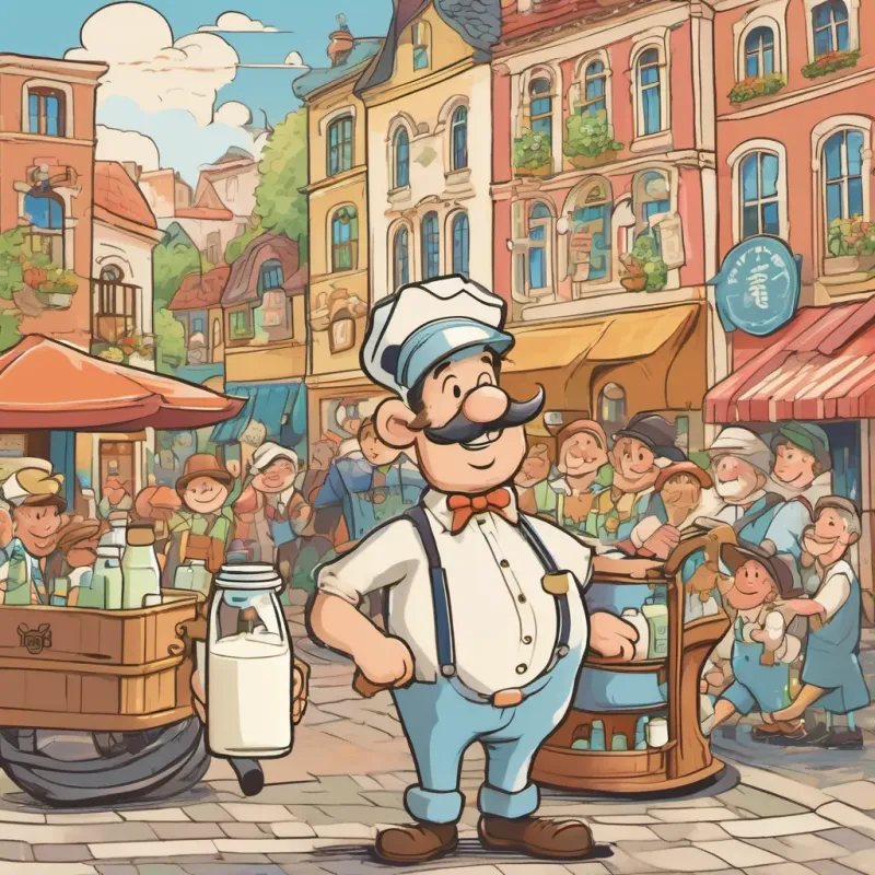 An old-fashioned milkman with a big mustache, colorful suspenders, and a mischievous grin smiling and delivering full bottles of milk to happy townspeople in a sunny town square.