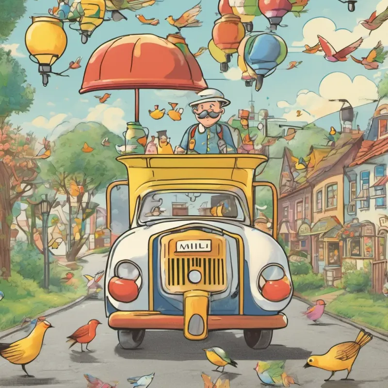 An old-fashioned milkman with a big mustache, colorful suspenders, and a mischievous grin muttering to himself under a bright sunny sky with chirping birds overhead. An image of milk bottles being filled only halfway.