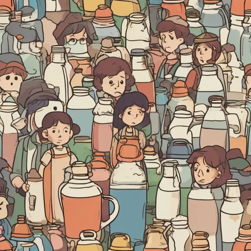 Sad townspeople holding nearly empty milk bottles and looking confused and upset.