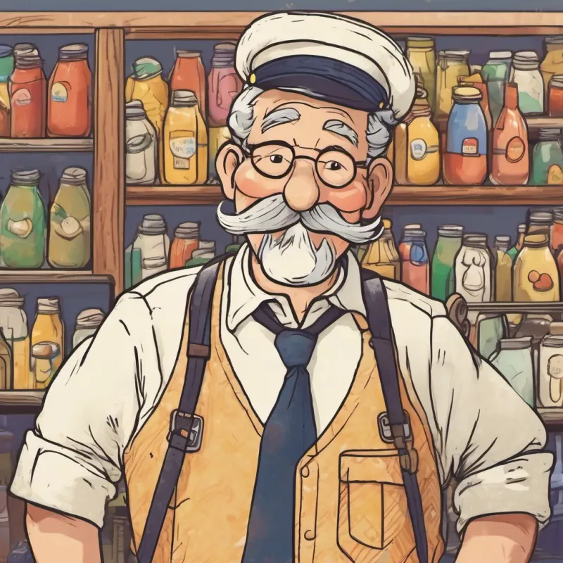 An old-fashioned milkman with a big mustache, colorful suspenders, and a mischievous grin chuckling to himself while slyly hiding some milk bottles behind his back.