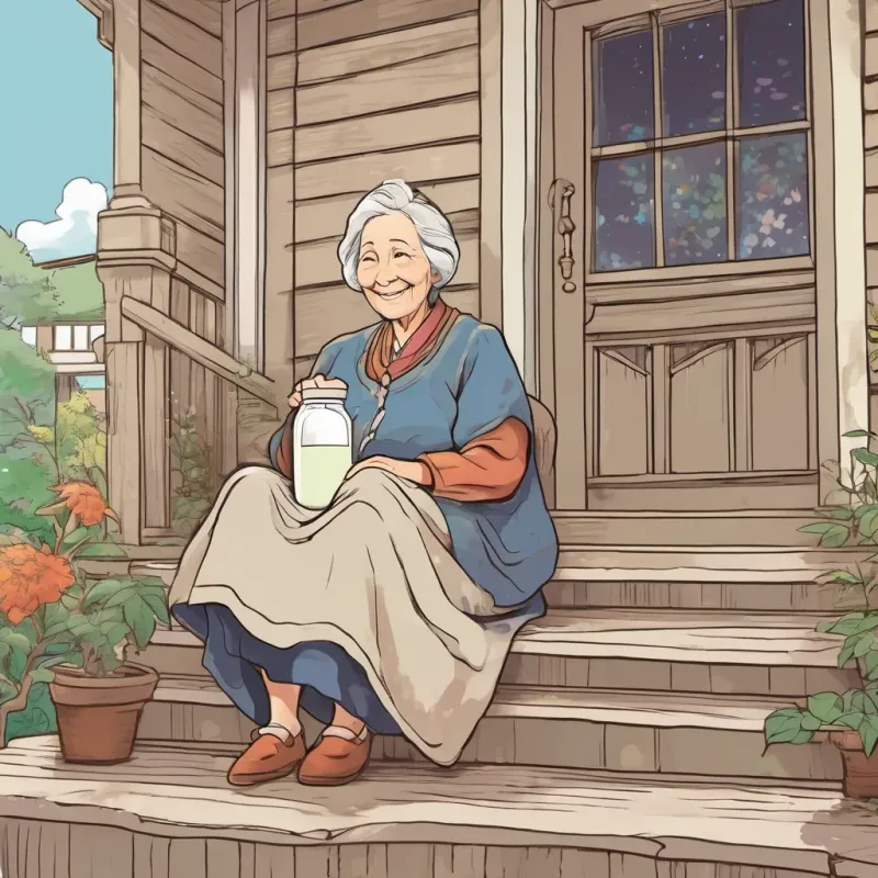 An old, wise lady with a twinkle in her eye and a knowing smile, sitting on her porch, waiting with a milk bottle in hand.