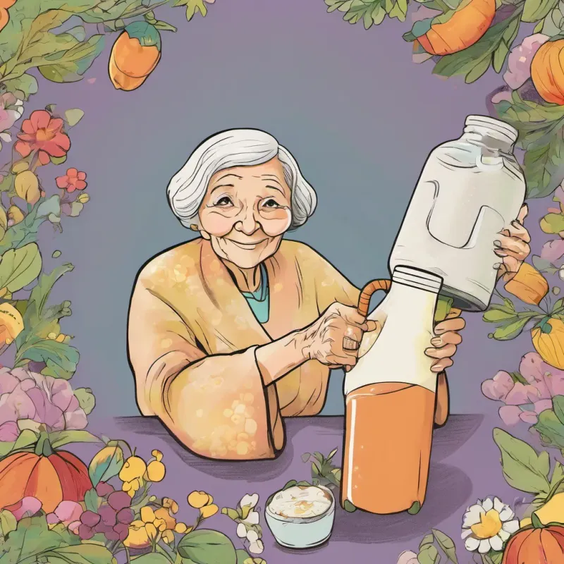 An old, wise lady with a twinkle in her eye and a knowing smile holding up a half-full milk bottle with a determined expression.