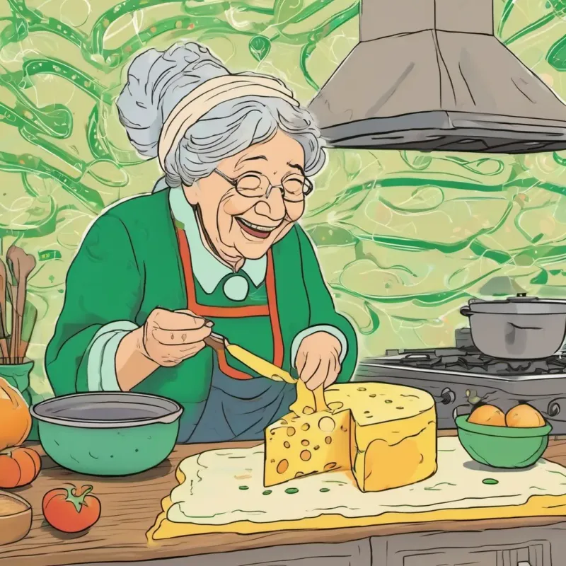 An old, wise lady with a twinkle in her eye and a knowing smile baking a cheese in her kitchen, with whimsical green stink lines emanating from the cheese.