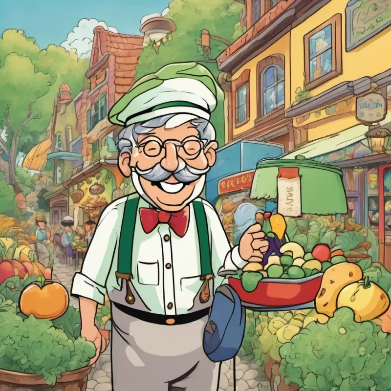 An old-fashioned milkman with a big mustache, colorful suspenders, and a mischievous grin taking a bite of the smelly cheese, his face turning green and looking horrified, while An old, wise lady with a twinkle in her eye and a knowing smile grins.