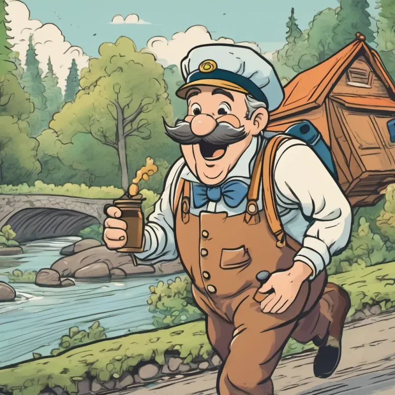 An old-fashioned milkman with a big mustache, colorful suspenders, and a mischievous grin coughing and sticking his tongue out in disgust, running towards a river.