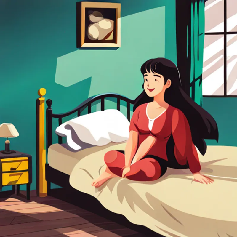 Lena waking up and smiling in her bedroom