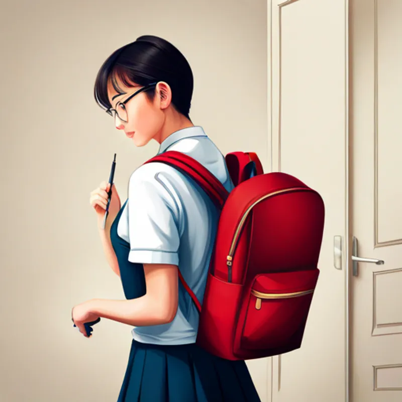 Lena putting on her school uniform and backpack