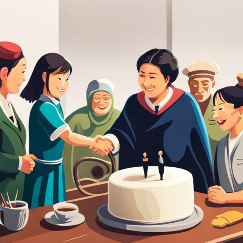 Lena shaking hands with Mrs Schmidt and smiling with her new friends