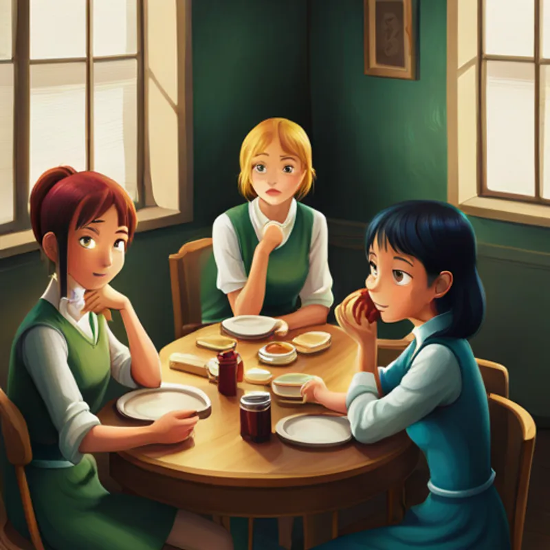 Lena sitting at a table with her classmates and eating a sandwich