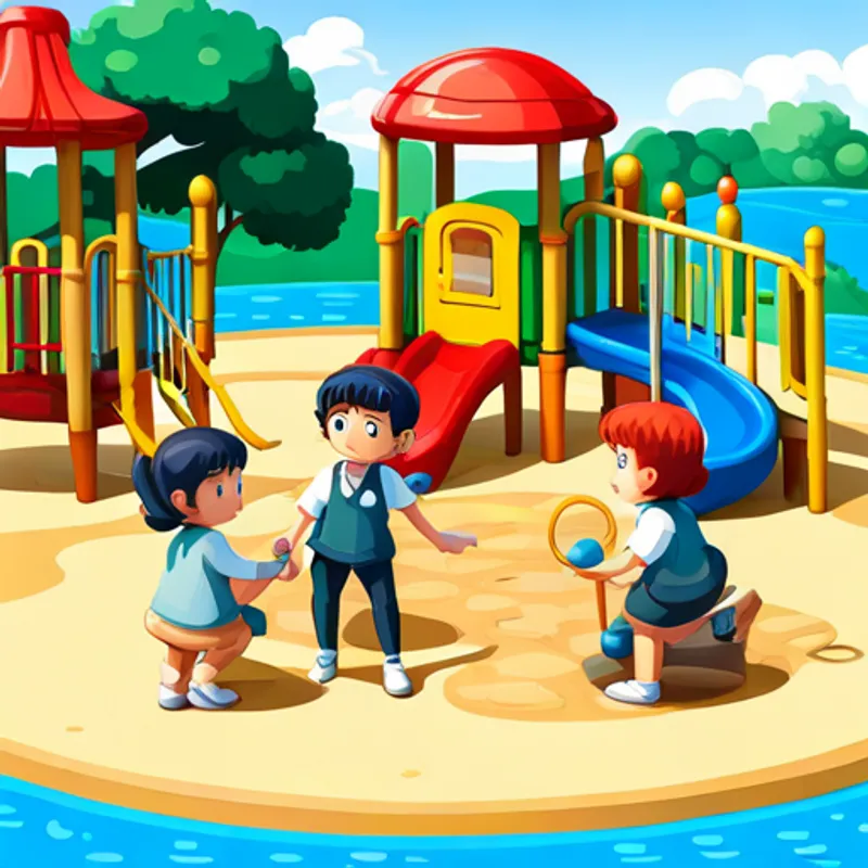 Lena and her friends playing on a colorful playground