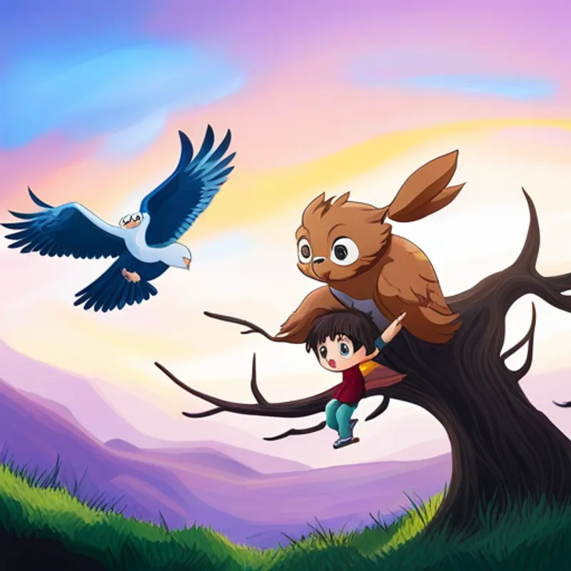 Búho volando y Suri buscando en los árboles