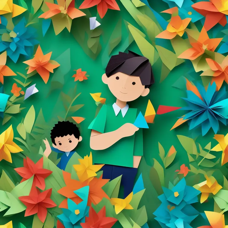 A boy with short black hair, wearing a blue shirt. and A boy with curly brown hair, wearing a green shirt. playing together, surrounded by colorful flowers.
