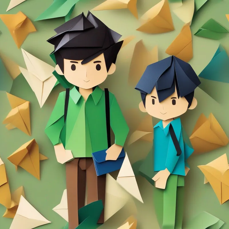 A boy with short black hair, wearing a blue shirt. and A boy with curly brown hair, wearing a green shirt. holding a wallet, looking determined to find the owner.