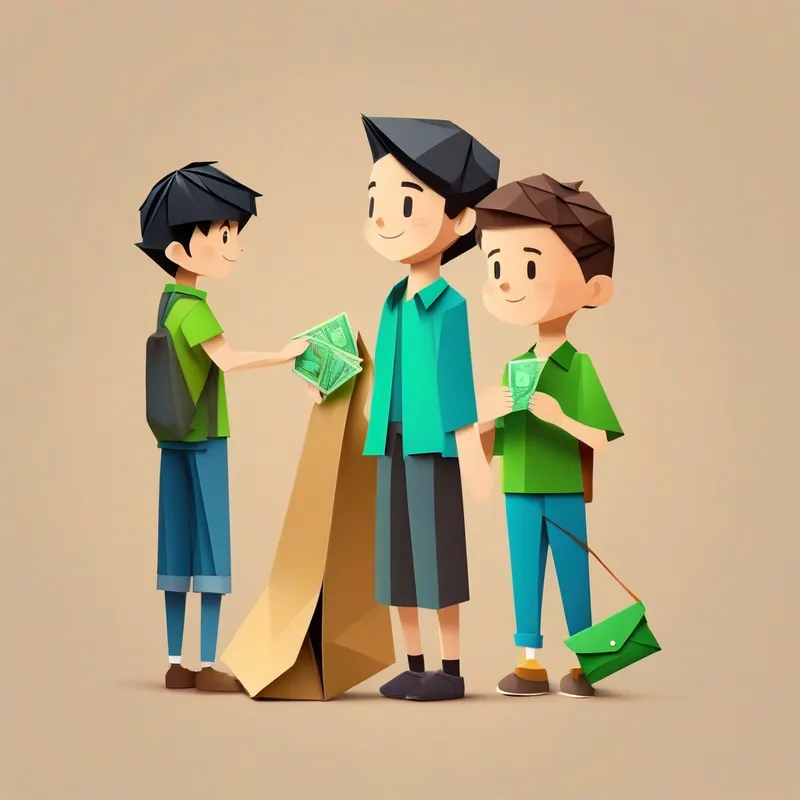 A boy with short black hair, wearing a blue shirt. and A boy with curly brown hair, wearing a green shirt. returning the wallet to the man, with smiles on their faces.