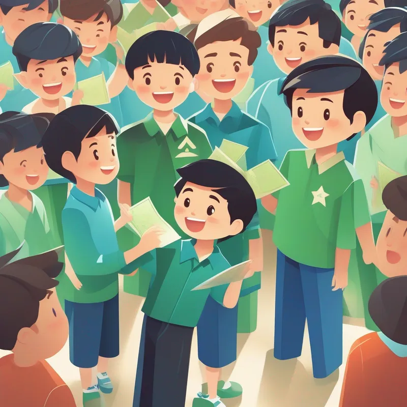 A boy with short black hair, wearing a blue shirt. and A boy with curly brown hair, wearing a green shirt. receiving certificates of honesty, surrounded by cheering villagers.