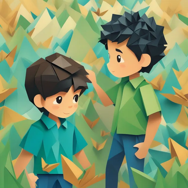 A boy with short black hair, wearing a blue shirt. and A boy with curly brown hair, wearing a green shirt. helping their neighbors and being trusted by everyone.