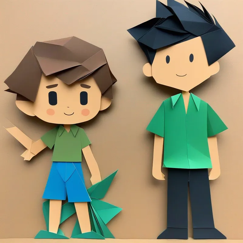 A boy with short black hair, wearing a blue shirt. and A boy with curly brown hair, wearing a green shirt. as grown-ups, helping others and standing up for truth.