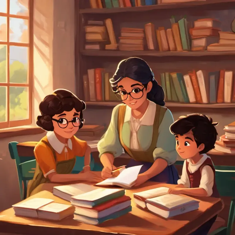 Isabela, Martina, and Tomas sitting in a classroom with their teacher, Miss Rosa, who is showing them letters and books.