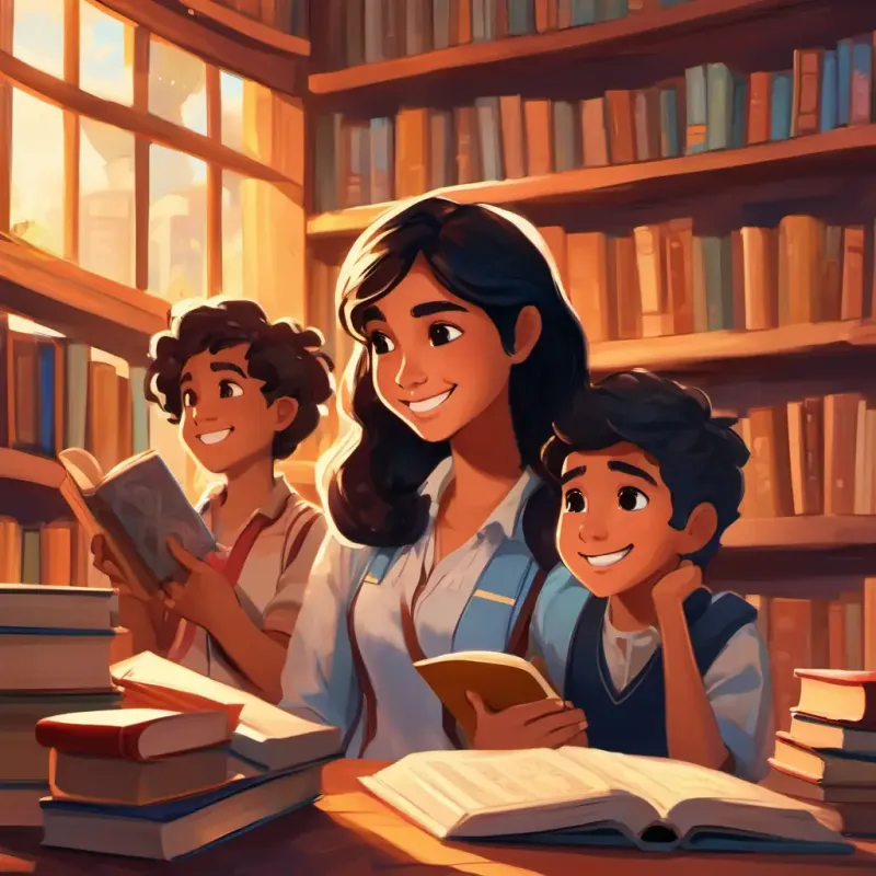 Isabela, Martina, and Tomas sitting in the school library, surrounded by books and reading with big smiles on their faces.