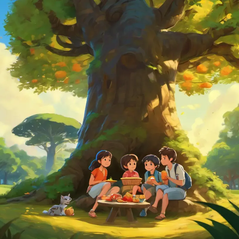 Isabela, Martina, and Tomas sitting under a big tree, sharing their snacks and happily chatting.