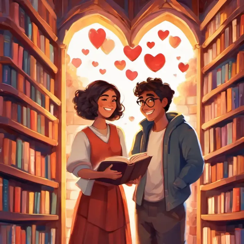 Isabela, Martina, and Tomas holding hands and smiling, surrounded by books and a heart symbolizing friendship.