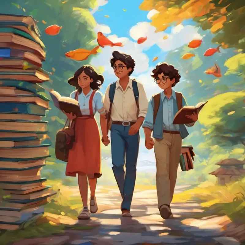 Isabela, Martina, and Tomas walking hand in hand, with books floating around them, representing their ongoing reading adventures.