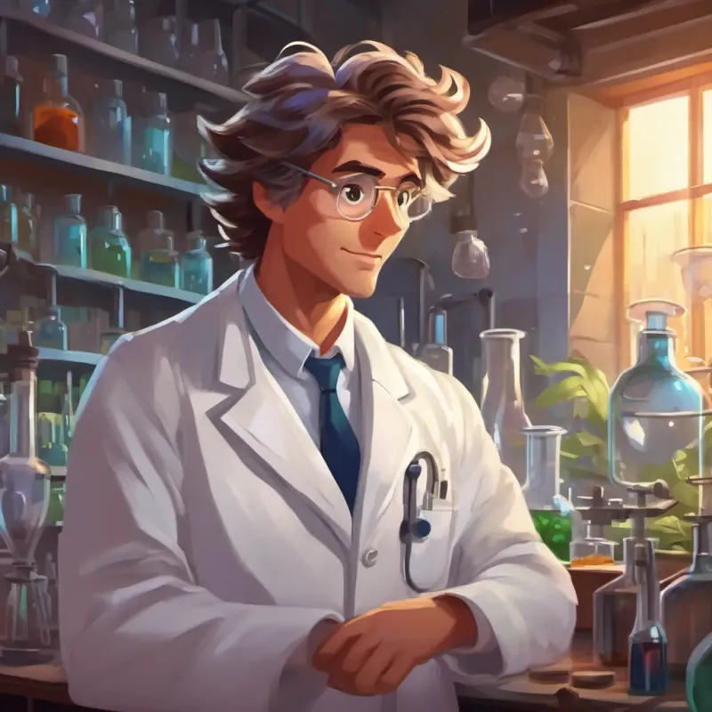 Introduction to Curious scientist, tousled hair, wears a white lab coat in his lab.