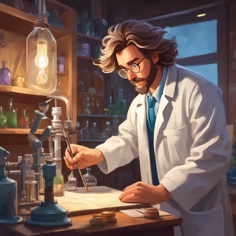 Curious scientist, tousled hair, wears a white lab coat working hard on his creation.