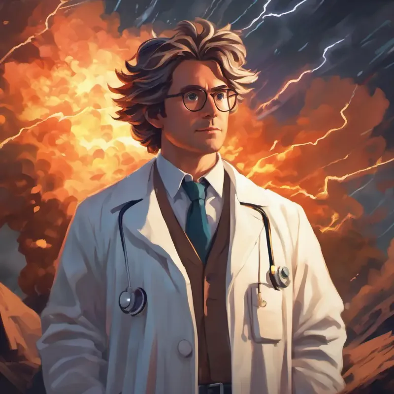 A storm ignites Curious scientist, tousled hair, wears a white lab coat's creation.