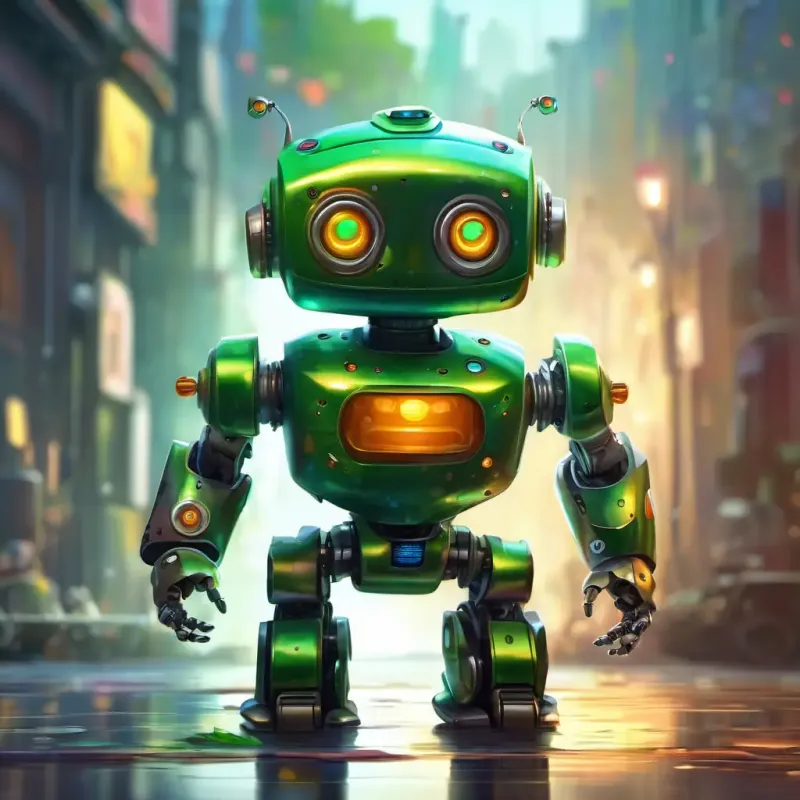 Friendly robot, green eyes, metallic body with colorful patches the robot comes to life.