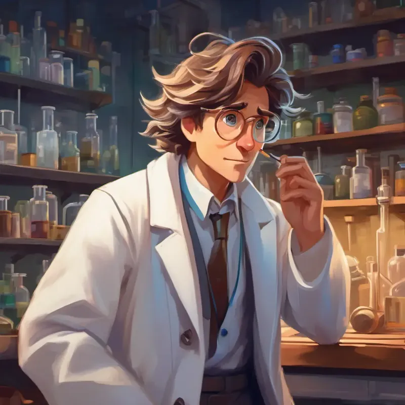 Curious scientist, tousled hair, wears a white lab coat realizes his responsibilities.